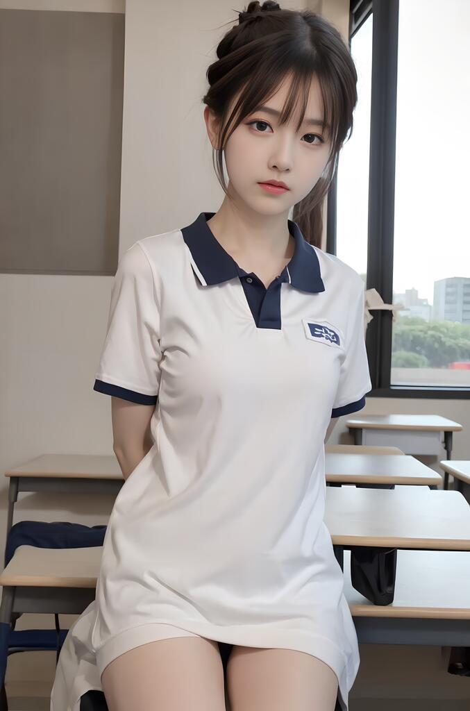 坐在桌子上的校服妹妹 - AI美女写真